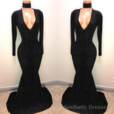 Black Lace V-Neck Prom Party Gowns| Mermaid Long-Sleeve Evening Gowns